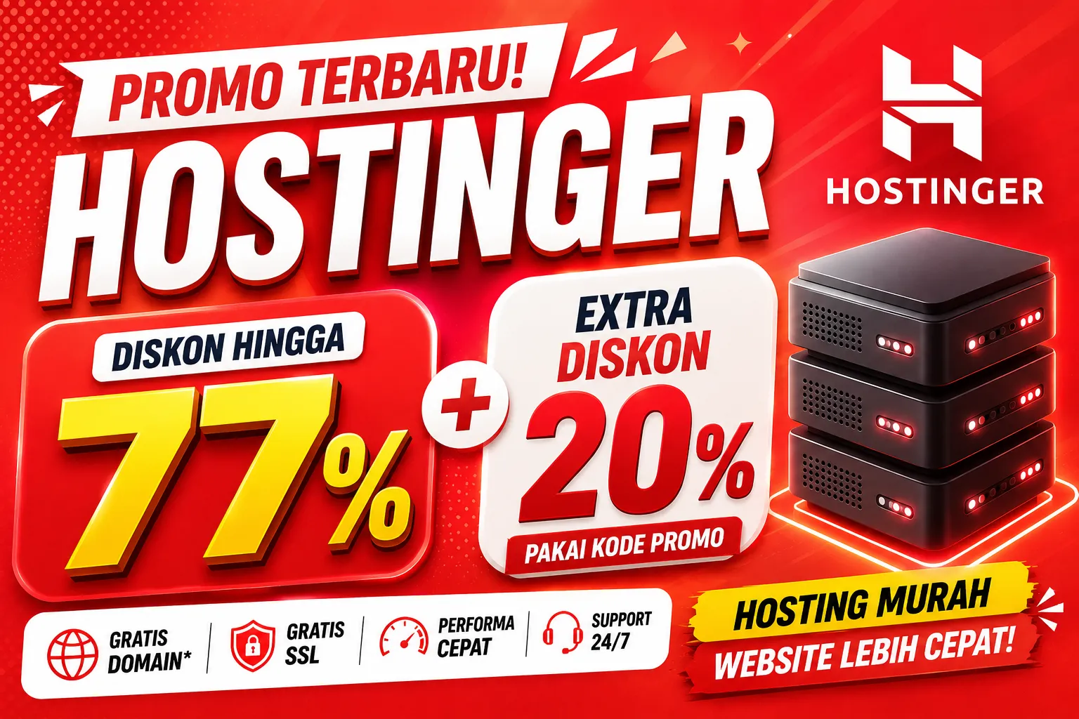 Promo Diskon Hostinger Terbaru 77% + Tambahan 20%